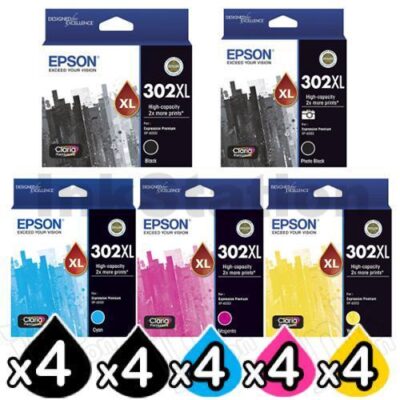 20 Pack Epson 302XL (C13T01X192,C13T01Y192-C13T01Y492) Genuine High Yield Ink Combo [4BK+4PBK+4C+4M+4Y]