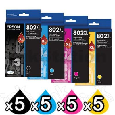 5 Sets of 4 Pack Epson 802XL (C13T356192-C13T356492) Genuine High Yield Inkjet Cartridge Combo Pack [5BK,5C,5M,5Y]