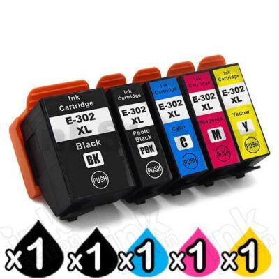 5 Pack Epson 302XL (C13T01X192,C13T01Y192-C13T01Y492) Compatible High Yield Ink Combo [1BK+1PBK+1C+1M+1Y]