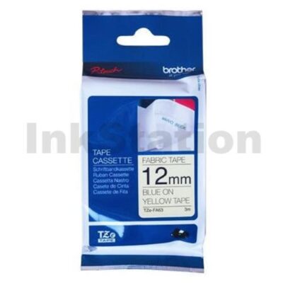 Brother TZe-FA63 Genuine 12mm Blue Text on Yellow Fabric Tape - 3 meters
