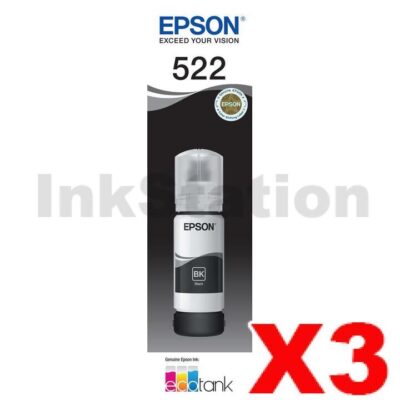3 x Genuine Epson T522 EcoTank Black Ink Bottle [C13T00M192]