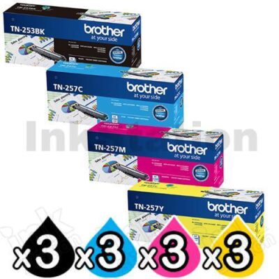 3 Sets of 4 Pack Brother TN-253 / TN-257 Genuine Toner Combo [3BK,3C,3M,3Y]