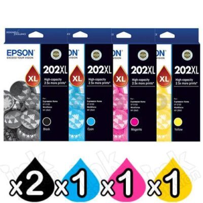 5 Pack Genuine Epson 202XL (C13T02P192-C13T02P492) High Yield Ink Combo [2BK,1C,1M,1Y]