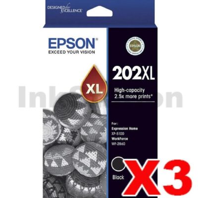 3 x Epson 202XL Genuine Black High Yield Ink Cartridge [C13T02P192]
