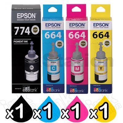 4-Pack Genuine Epson T774 + T664 EcoTank Ink Bottles [BK+C+M+Y]