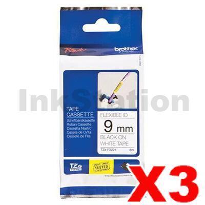 3 x Brother TZe-FX221 Genuine 9mm Black Text on White Flexible ID Laminated Tape - 8 metres