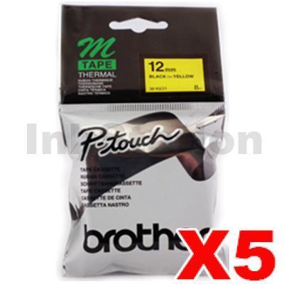 5 x Brother M-K631 Genuine 12mm Black Text on Yellow Tape - 8 meters