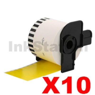 10 x Brother DK-44605 Compatible Removable Black Text on Yellow Continuous Paper Label Roll 62mm x 30.48m
