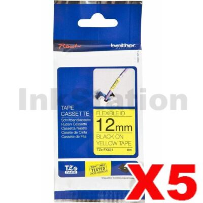 5 x Brother TZe-FX631 Genuine 12mm Black Text on Yellow Flexible ID Laminated Tape - 8 metres
