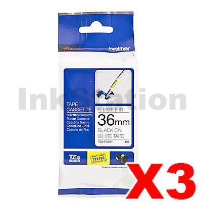 3 x Brother TZe-FX261 Genuine 36mm Black Text on White Flexible Tape - 8 metres