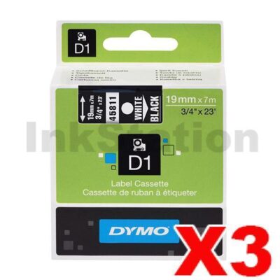 3 x Dymo SD45811 / S0720910 Genuine 19mm White Text on Black Label Cassette - 7 meters