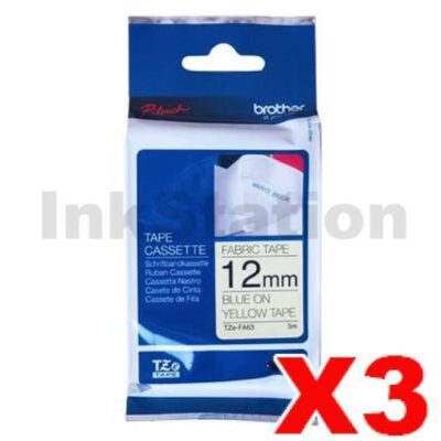 3 x Brother TZe-FA63 Genuine 12mm Blue Text on Yellow Fabric Tape - 3 meters