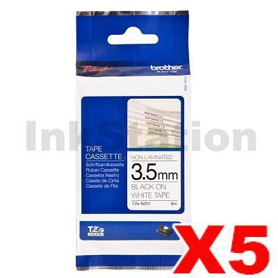 5 x Brother TZe-N201 Genuine 3.5mm Black Text on White Tape - 8 metres