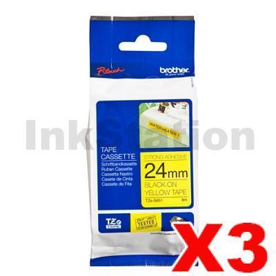 3 x Brother TZe-S651 Genuine 24mm Black Text on Yellow Strong Adhesive Laminated Tape - 8 metres