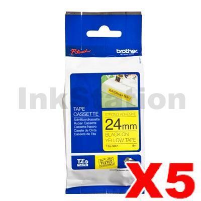 5 x Brother TZe-S651 Genuine 24mm Black Text on Yellow Strong Adhesive Laminated Tape - 8 metres