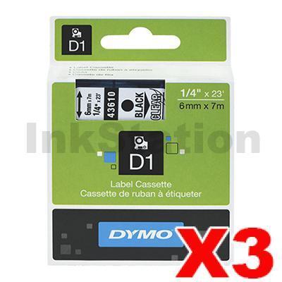 3 x Dymo SD43610 / S0720770 Genuine 6mm Black Text on Clear Label Cassette - 7 meters