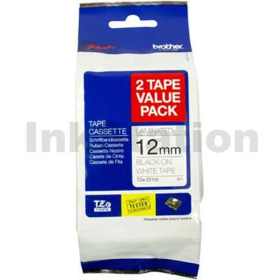 Brother TZe-231V2 Genuine 12mm Black Text on White Laminated (2 Tape Value Pack) - 8 meters