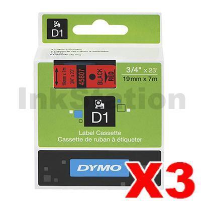 3 x Dymo SD45807 / S0720870 Genuine 19mm Black Text on Red Label Cassette - 7 meters