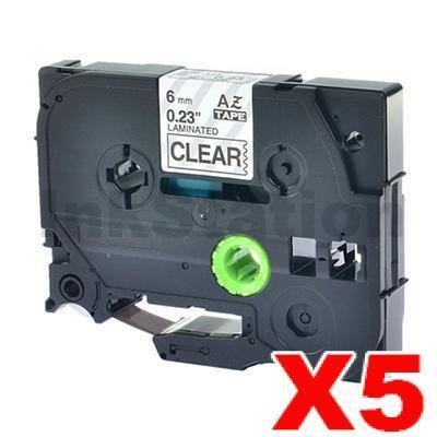 5 x Brother TZe-111 Compatible 6mm Black Text on Clear Laminated Tape - 8 meters
