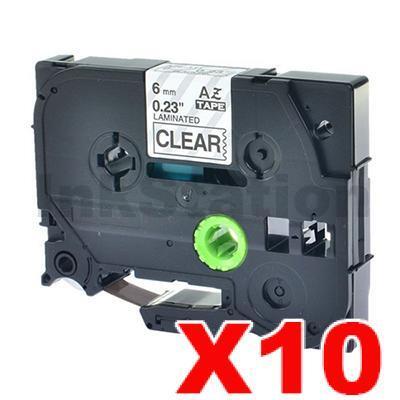 10 x Brother TZe-111 Compatible 6mm Black Text on Clear Laminated Tape - 8 meters
