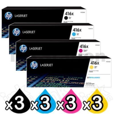 3 Sets of 4 Pack HP 416X W2040X-W2043X Genuine High Yield Toner Cartridges [3BK,3C,3M,3Y]