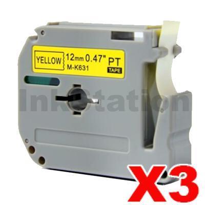 3 x Brother M-K631 Compatible 12mm Black Text on Yellow Tape - 8 meters