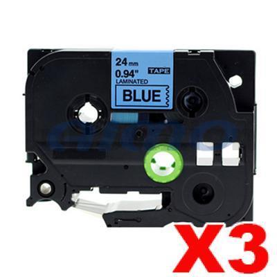 3 x Brother TZe-551 Compatible 24mm Black Text on Blue Laminated Tape - 8 meters