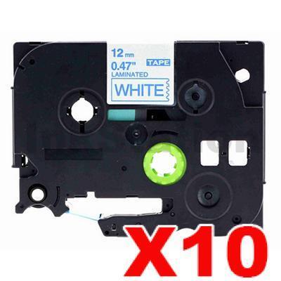 10 x Brother TZe-233 Compatible 12mm Blue Text on White Laminated Tape - 8 meters