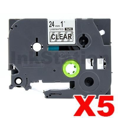 5 x Brother TZe-151 Compatible 24mm Black Text on Clear Laminated Tape - 8 meters