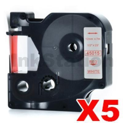 5 x Dymo SD45015 / S0720550 Compatible 12mm Red Text on White Label Cassette - 7 meters