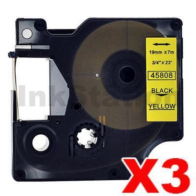 3 x Dymo SD45808 / S0720880 Compatible 19mm Black Text on Yellow Label Cassette - 7 meters