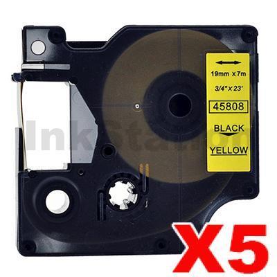 5 x Dymo SD45808 / S0720880 Compatible 19mm Black Text on Yellow Label Cassette - 7 meters