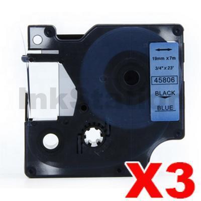 3 x Dymo SD45806 / S0720860 Compatible 19mm Black Text on Blue Label Cassette - 7 meters