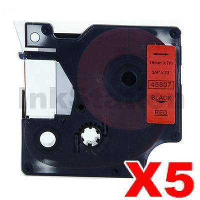 5 x Dymo SD45807 / S0720870 Compatible 19mm Black Text on Red Label Cassette - 7 meters