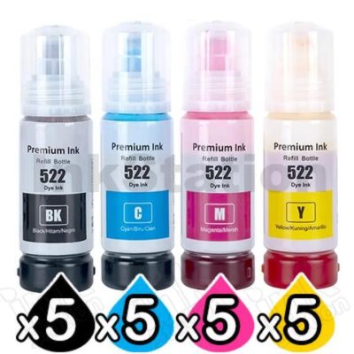 20-Pack Compatible Epson T522 EcoTank Ink Bottle [5BK+5C+5M+5Y]