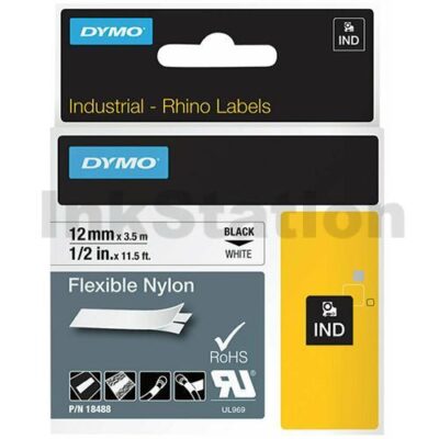 Dymo SD18488 Genuine 12mm Black Text on White Flexible Nylon Industrial Rhino Label Cassette - 3.5 meters