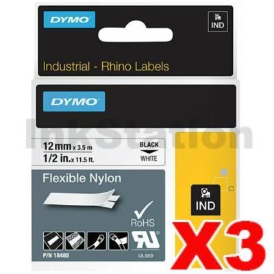 3 x Dymo SD18488 Genuine 12mm Black Text on White Flexible Nylon Industrial Rhino Label Cassette - 3.5 meters
