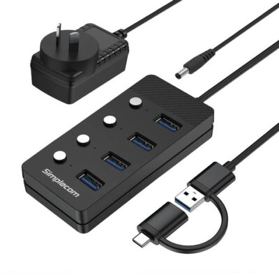 Simplecom CH345C SuperSpeed USB-A and USB-C to 4-Port USB 3.0 Hub 5Gbps Individual Switches and Power Adapter